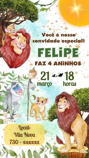Convite de Aniversário Rei Leão Estilo Aquarela para Editar