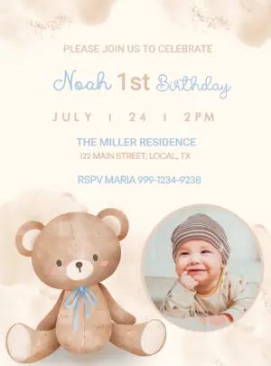 Cute Teddy Bear 1st Birthday Invitation Editable Template