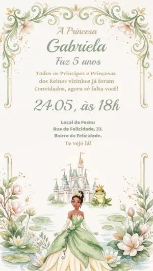Convite Princesa Tiana Aquarela para Aniversário Editável
