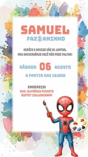 Convite Aniversário Homem Aranha Aquarela para Editar