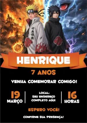 Convite de Aniversário Naruto vs Sasuke Modelo Digital para Editar