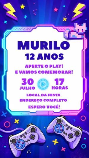 Convite de Aniversário Gamer Neon Azul e Roxo para Editar