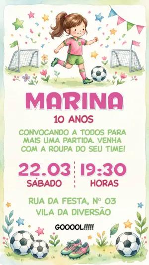 Convite Aniversário Futebol Menina Aquarela Editável