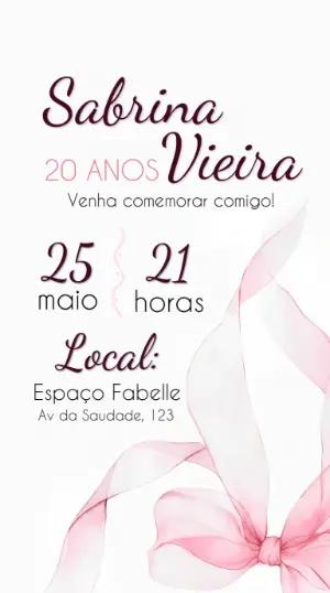 Convite de Aniversário Elegante Laço Rosa Aquarela Editável