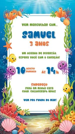 Convite de Aniversário Fundo do Mar Infantil para Editar Online