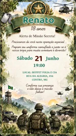 Convite Digital Aniversário Exército Camuflado Editável