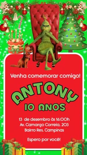 Convite Aniversário Grinch Natalino para Editar Online