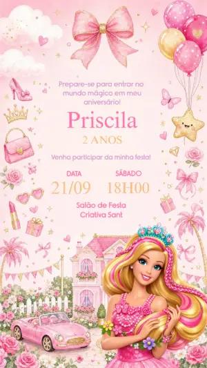Convite de Aniversário Barbie Rosa Aquarela para Editar