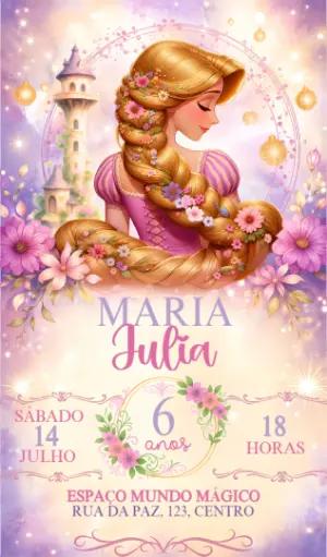 Convite de Aniversário Rapunzel Floral Aquarela Editável