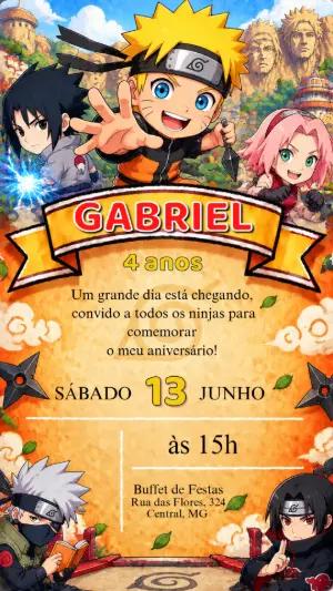Convite Digital Naruto para Aniversário Infantil Editável