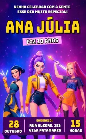 Convite de Aniversário Guerreiras Kpop para Editar Online