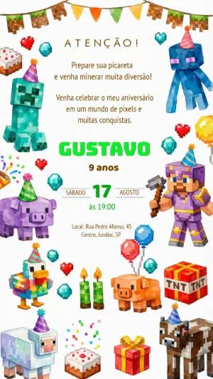 Convite Digital Minecraft Estilo Aquarela Editável