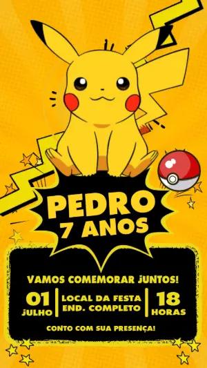 Convite Animado Aniversário Pokémon com Pikachu para Editar