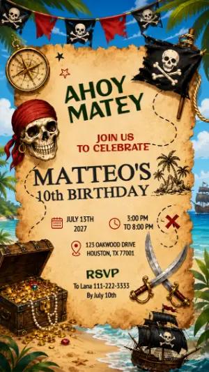 Pirate Treasure Map Birthday Invitation - Editable Template