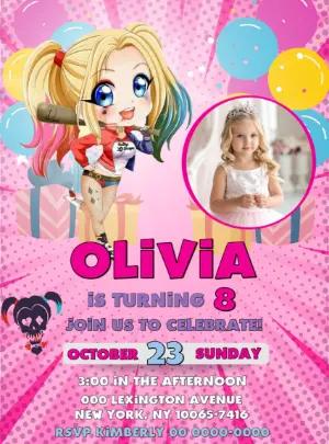 Harley Quinn Themed Birthday Invitation - Editable Template