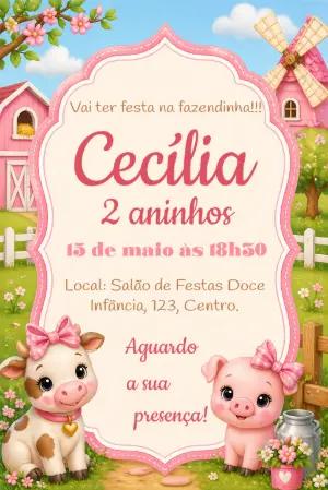 Convite de Aniversário Fazendinha Menina Rosa Editável