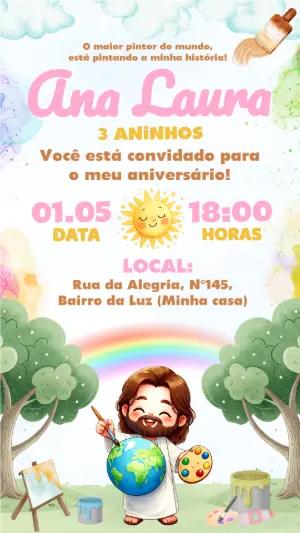 Convite Aniversário Infantil Jesus Pintor Aquarela Editável