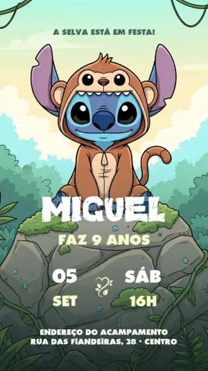 Convite Stitch Macaquinho na Selva para Aniversário Editável