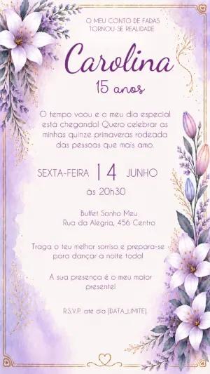 Convite de 15 anos Lilás Floral para Editar 