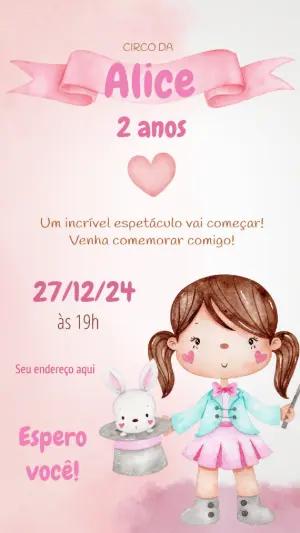 Convite de Aniversário Circo Rosa Menina para Editar Online
