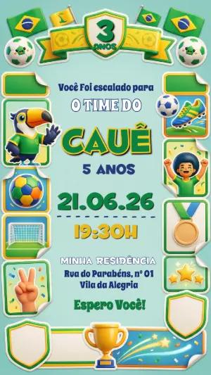 Convite de Aniversário Futebol Brasil 3D Editável