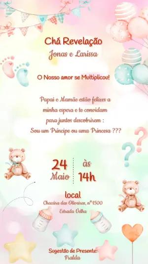 Convite Digital Chá Revelação Ursinhos Aquarela para Editar