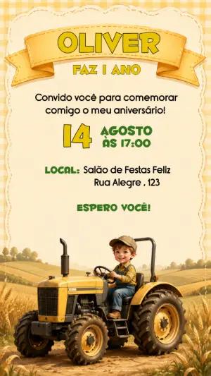 Convite de Aniversário Trator Fazendinha Editável