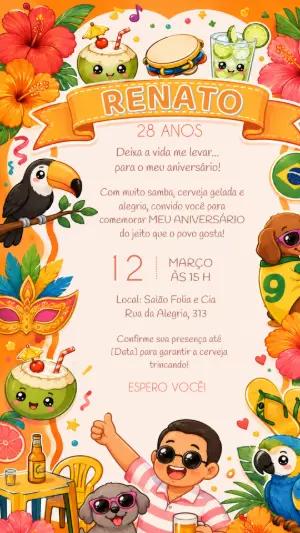Convite de Aniversário Editável Tema Samba e Boteco Brasileiro