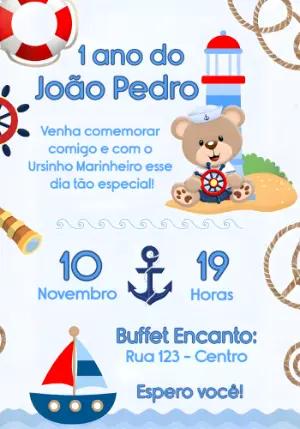 Convite Aniversário Ursinho Marinheiro para Editar Online