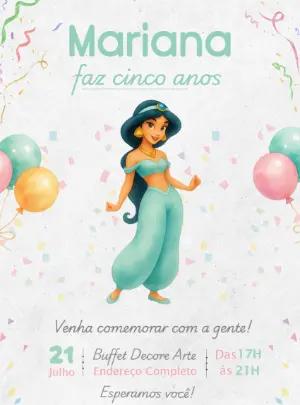 Convite de Aniversário Princesa Jasmine Aquarela para Editar