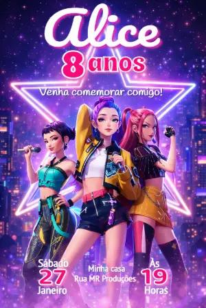 Convite de Aniversário Guerreiras do K-pop Editável para Meninas