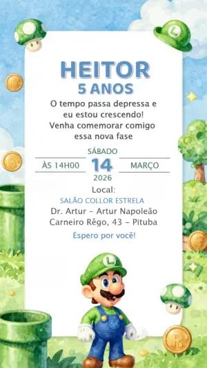 Convite Digital de Aniversário Infantil Tema Luigi para Editar