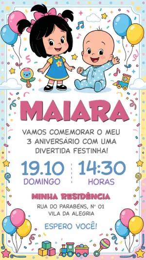 Convite de Aniversário Infantil Cléo e Cuquin Editável