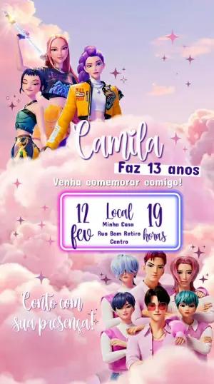 Convite de Aniversário K-pop Guerreiras Rosa Editável