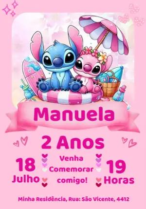 Convite de Aniversário Stitch e Angel Rosa para Editar Online