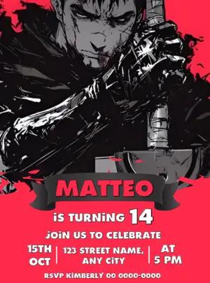 Dark Anime Warrior Birthday Invitation, Editable Digital Template