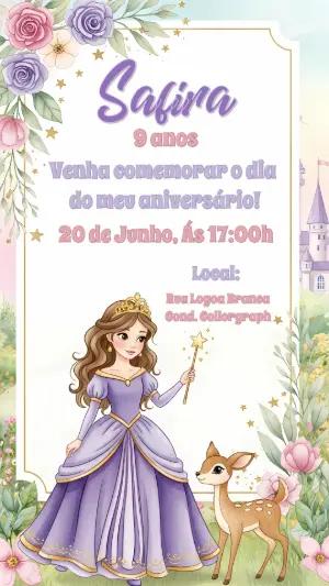Convite de Aniversário Princesa e Corça para Editar Online