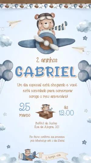 Convite de Aniversário Ursinho Aviador Aquarela Editável