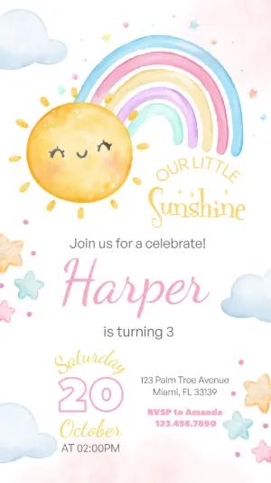Cute Sunshine & Rainbow Birthday Invitation Editable Template
