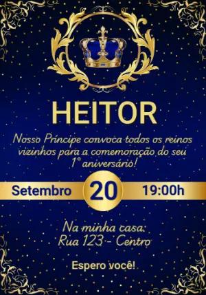 Convite Aniversário Príncipe Realeza Azul Editável Online