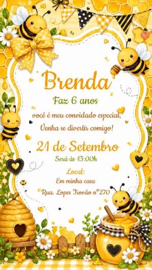 Convite de Aniversário Abelhinha Fofo Amarelo para Editar
