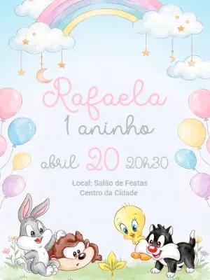 Convite de Aniversário Baby Looney Tunes Aquarela Editável