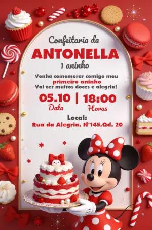 Convite de Aniversário Minnie Vermelha Confeitaria Editável