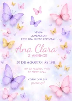 Convite de Aniversário Jardim das Borboletas Lilás e Rosa Editável