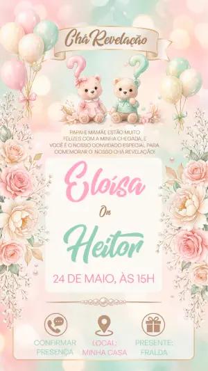 Convite Chá Revelação Ursinhos Aquarela Editável