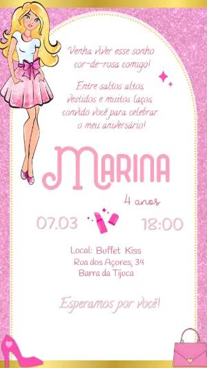 Convite de Aniversário Barbie com Glitter Editável