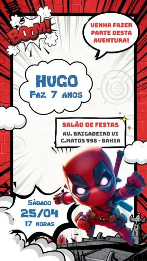Convite de Aniversário Herói Deadpool Estilo Quadrinhos Editável