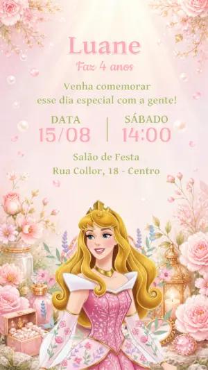 Convite de Aniversário Princesa Aurora Editável para Menina