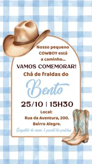 Convite Digital Chá de Fraldas Cowboy para Editar