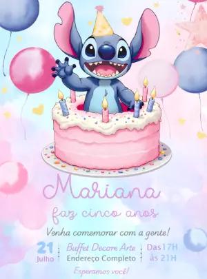 Convite de Aniversário Stitch Aquarela Rosa e Azul Editável